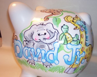 Personalized Piggy Bank -Baby Animals 2 Boy Pastels Handpainted