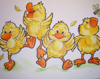 Childrens Art Print Dancing  Ducks - 8.5 x 11 Yellow