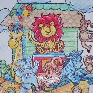 May include: A colorful illustration of a wooden ark with a variety of animals, including a lion, giraffe, zebra, hippopotamus, monkey, and tiger. The ark is decorated with clouds and a bird.