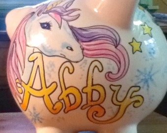 Personalized Piggy Bank Unicorn Horses Stars and Rainbow Girls