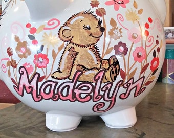 Little Brown Bear and Flowers Girl or Boy Piggy Bank Personalized Handpainted Match Bedding Room Theme