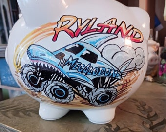 Personalized Piggy Bank Monster Trucks Handpainted