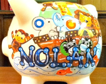 Handpainted Piggy Bank Personalized Noahs Ark  Animals Match Bedding