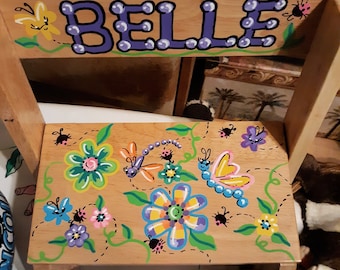 Handpainted Flip Stool -Painted Step Stool Funkadelic Butterflies and Flowers