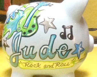 Personalized Piggy Bank Blue Rock And Roll Baby Handpainted Bank