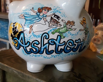 Peter Pan Neverland Piggy Bank Handpainted Personalized Fairytale Storybook bank