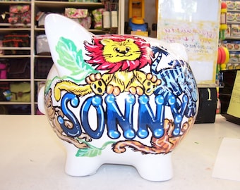 Personalized Handpainted Piggy Bank  Baby Animals Lion Giraffe Monkeys