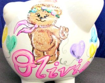 Children's Handpainted Personalized Piggy Bank Teddy Bear and Balloons