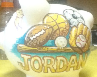 Personalized Kids Piggy Bank Vintage Sports Theme Handpainted