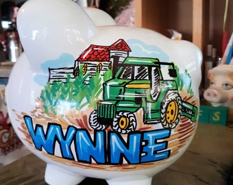 Personalized Piggy Bank Tractor Combine Farm Bank Handpainted