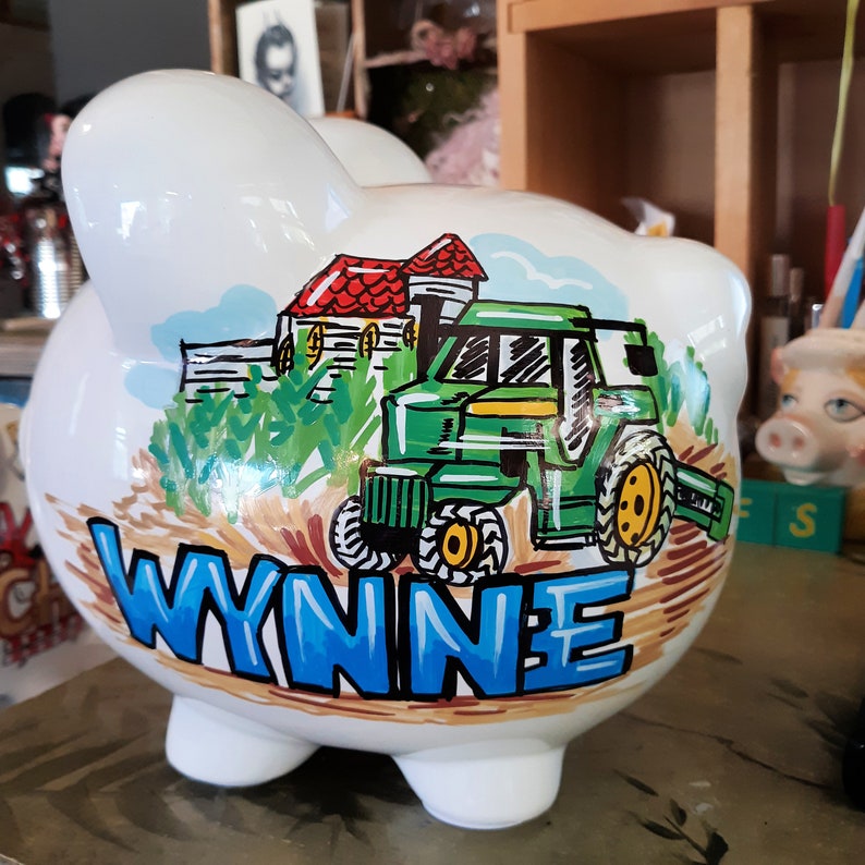 Personalized Piggy Bank Tractor Combine Farm Bank Handpainted image 1