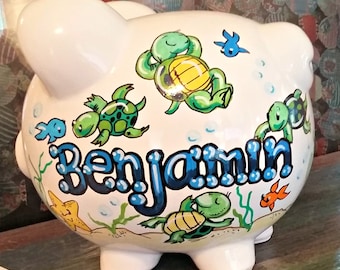 Turtles Piggy Bank Personalized Handpainted UnderThe Sea Fish Theme