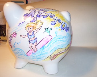 Personalized Piggy Bank - Beach Baby Handpainted