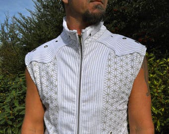 Organic Cotton - Flower of Life Print Vest - Sacred Geometry - Neo Tribal - White & Gold
