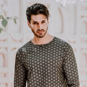 Blume des Lebens Langarmshirt - Schwarz und Gold - Heilige Geometrie - Bio-Baumwolle - Samen des Lebens
