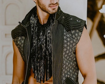 Flower of Life Print Avatar Vest  - Organic Cotton - Neo Tribal - Black and Gold