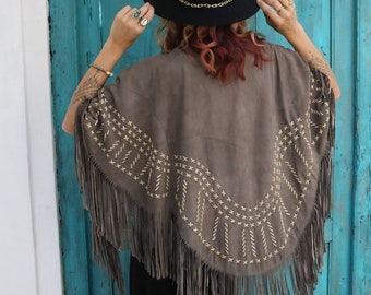 Driftwood Suede Tassel Shawl Poncho - Fringe Poncho - Real Leather - Southwestern poncho