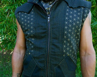 Organic Cotton - Flower of Life Print Avatar Vest  - Neo Tribal - Black and Gold