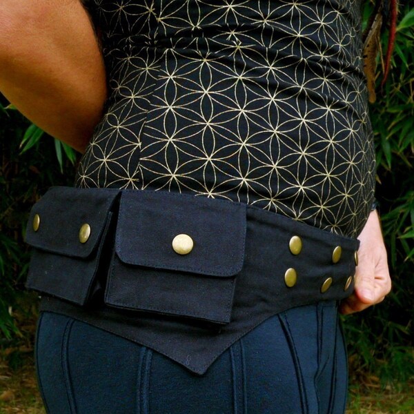 Large - Black -  Cotton Canvas Pixie Pockets - saddlebags - hip belt - Vegan