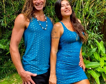 Bamboo Ixora Dress with Flower of Life  print-  Cosmo Blue and Gold - Tunic - Sacred geometry