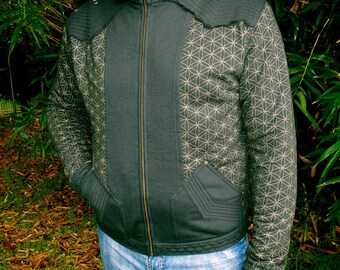 Organic Cotton Flower of Life Print Jacket -  Neo Tribal - Black and Gold - Sacred geometry