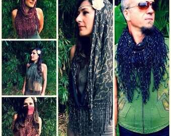 Bamboo Black and Gold Shipibo Infinity Scarf - Head Scarf - Dust Mask - Shawl - Cowl