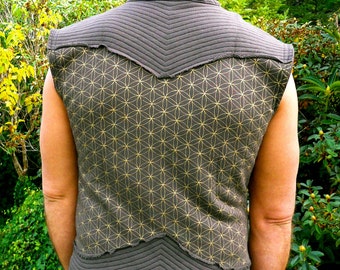 Organic Cotton Flower of Life Print Vest -  Neo Tribal - Brown  and Gold - Sacred geometry
