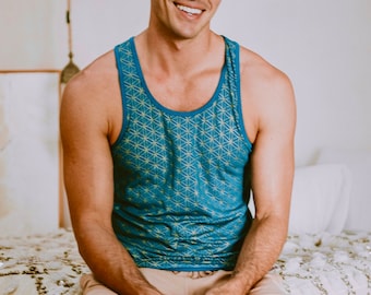Flower of life Tank Top - Sacred Geometry - Organic Bamboo - Cosmo Blue and Gold