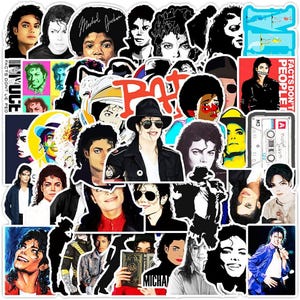 May include: A collection of stickers featuring various images of Michael Jackson. The stickers showcase portraits, illustrations, and graphic designs of the singer in different styles and poses. Some stickers include text like "FACTS DON'T LIE PEOPLE" and "MICHAEL JACKSON".
