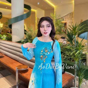 HA MAI Set Ao Dai Design with 4D  Print flowers/Traditional Long dresses Vietnamese/High Quality Silk/Ao Dai For Her/ pants include/G333