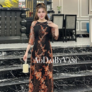 Ao Dai Lace Luxury Embroidered Organce Color/Pre made Vietnamese long dress| Ao dài Việt / Ao Dai Truyen Thong/No pants included/ B263