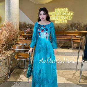 Diệu Liên Ao Dai Thai Tuan Luxury Blue Color/Traditional dresses Vietnamese/ Pre made Vietnamese long dress/No Pants included/TT99