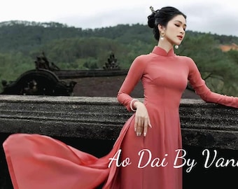 Brick Dark Color Double layers chiffon Ao Dai Set/Pre-made Vietnamese Long Dress/Plain color with pants/ Traditional Vietnamese Outfit/B102