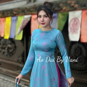 THIEN CUC Ao Dai Lụa To Tam Blue Color/Pants include/TT59