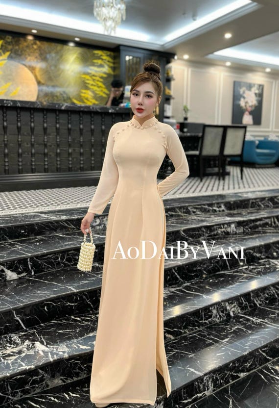 Beige Chiffon Ao Dai Set: Traditional Vietnamese Dress with Pants B112
