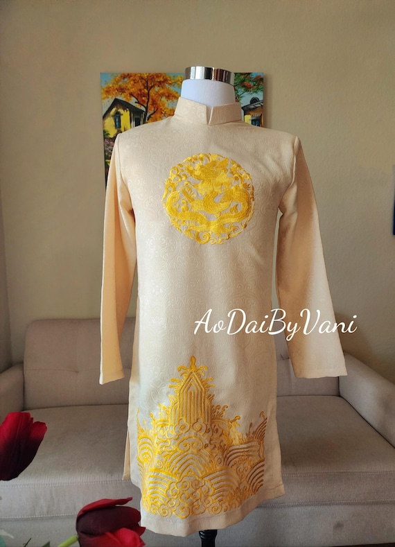 Cream Ao Dai Nam with Dragon Embroidery: Vietnamese Groom Attire B156