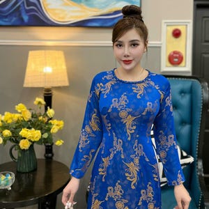 Ao Dai ToTam Long Phụng Thai Tuan/ Blue Color Traditional dresses Vietnamese Ao Dai/ Pre made ao dai for women/No Pants include/TT100