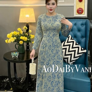 Ao Dai Thai Tuan Blue and Cream color/ Ao Dai Design with Crystal/Traditional Long dresses Vietnamese/Ao Dai For Her/No pants inclue/ G321