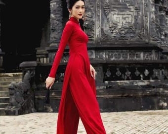 Red Chiffon Ao Dai Set Double Layers with Pants, Traditional Vietnamese Dress TT109