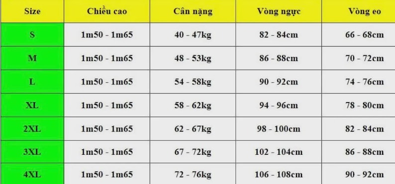 May include: A size chart detailing measurements in centimetres and kilograms. Sizes range from S to 4XL, with corresponding height, weight, chest, and waist measurements. The chart uses a green and yellow colour scheme.