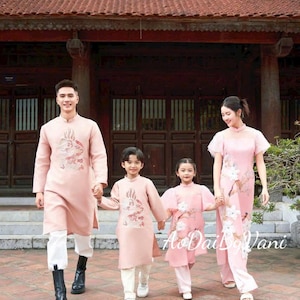Matching Boy and Girls Pink Ao Dai Set - Vietnamese Lunar New Year Outfit B124
