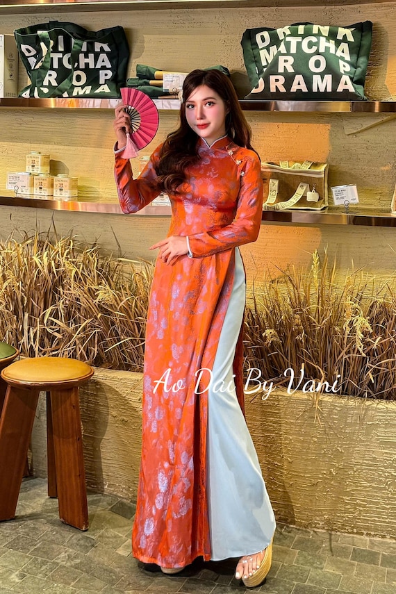 YEN MAI Set Ao Dai Lua To Tam Van Nam Luxury/ Vietnamese Traditional Long Dress with Blue Pants /Ao Dai Tet/ B232