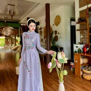 Ao Dai Lụa Van Go Embroidered/Purple color Traditional dresses Vietnamese Ao Dai/Ao Dai Vietnam/ Ao Dai Thiet Ke/No Pants included/ B229