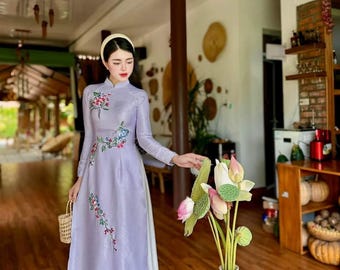 Embroidered Ao Dai Lụa Vân Go: Purple Vietnamese Traditional Dress