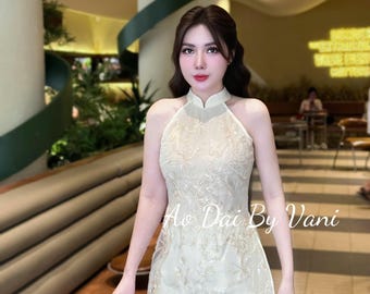 Set Modern Sleeveless Ao Dai Cach Tan/ Cream Color with Pants included/ Ao Dai For Her/ Trending Ao Dai/ Ao Dai Co Yem/CT251