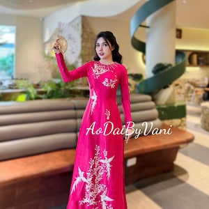 Hot Pink Ao Dai: Vietnamese Traditional Dress with White Pants G323