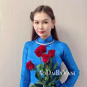 Ao Dai Lua Tra Mi Blue color/ Ao Dai Design/ Traditional Long dresses Vietnamese / No pants included/TT83
