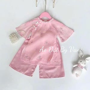 May include: A pink Ao Dai set for children, including a top with floral embroidery and wide sleeves, and matching pants. The outfit is hanging on a pink hanger. The text "Ao Dai By Vani" is visible.