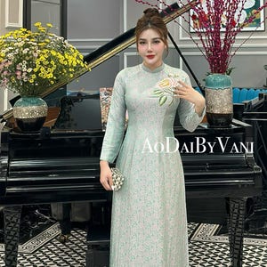 Ao Dai Lua Tơ Tằm Hà Đông Blue color/ Ao Dai Design with Embroider Flower / Traditional Long dresses Vietnamese / No pants included/ B11