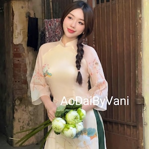 Set Ao Dai Cach Tan Cream Color/ Modern Design Ao Dai/ Embroidered Flowers Design Ao Dai/ Pants included/ Luna New Year 2025/ CT304